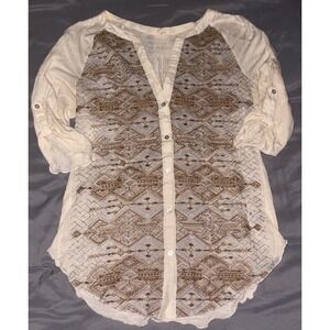 Anthropologie Tiny Silver‎ & Gold Embroidered Cream Silk Henley, Small